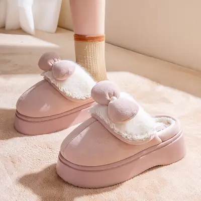 Women Warm Bow Knot Slippers Autumn Winter Fleece Lined