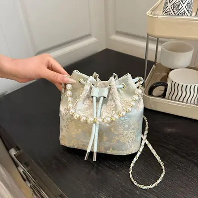 Pearl Chain Bucket Bag Women New Chinoiserie Embroidered