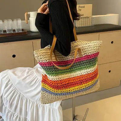 Rainbow Straw Tote Bag for Women Large Capacity Beach Travel