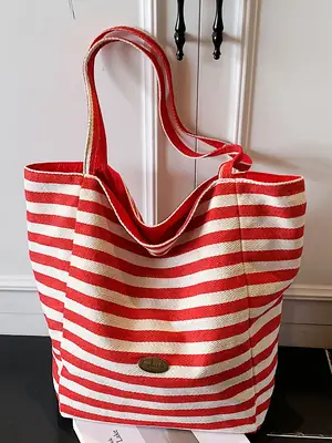 Red Striped Canvas Shoulder Bag Large Capacity Women