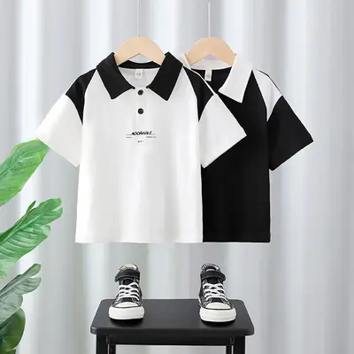 Boys Pure Cotton Polo T-Shirt Black White Medium Large