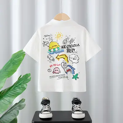 White Cotton Graphic Polo Shirt for Boys Summer 2025