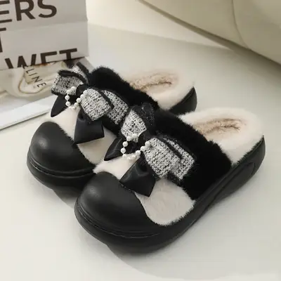 Women's Winter Bow Slippers Black Fleece Lined