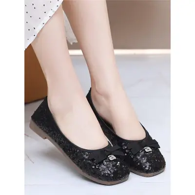 Fairy-Style Black Bow Sequins Square-Toed Flat Shoes