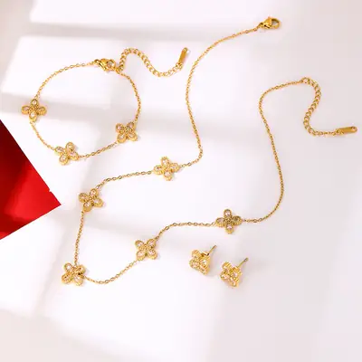 Gold Four Leaf Flower Necklace Earring Set for Women
