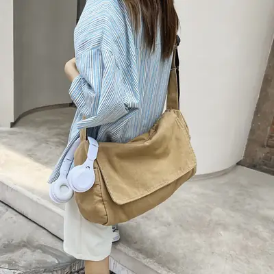 Japanese Style Washable Canvas Crossbody Bag for Women