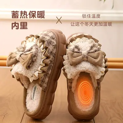 Women Winter Bow Warm Plush Slippers Non-Slip