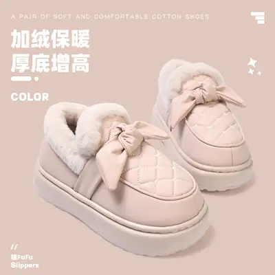 Cute Bow Cotton Slippers for Women Winter Warm Velvet