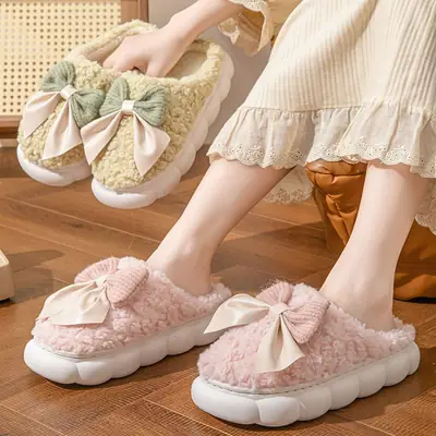 2025 New Autumn and Winter Cute Butterfly Cotton Slippers for Women, Maternity Shoes, Warm Indoor Home Thick-Soled Furry Slippers