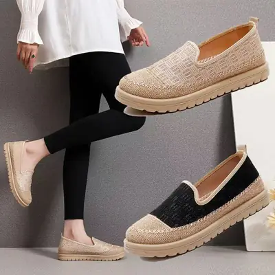 Women's Gold Embroidered Slip-On Casual Shoes