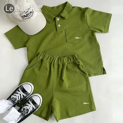 Green Korean Style Boys Shorts Set Polo Collar Shorts