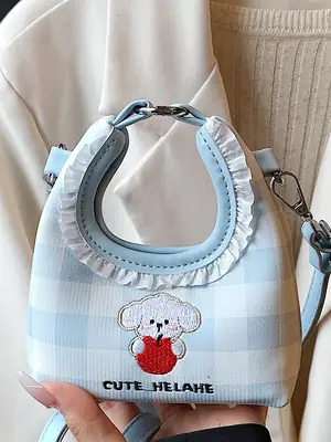 Cute Girl Shoulder Bag with Puppy Embroidery Light Blue