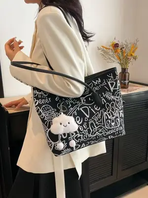 Fashionable Graffiti Shoulder Bag with Cute Bear Design