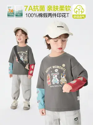 Boys Pure Cotton Fake Two-Piece T-Shirt Autumn Kids