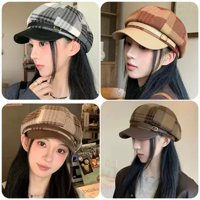 British Plaid Leather Brim Cap for Women Large