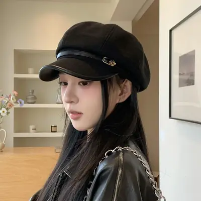 Women Japanese Retro Black Octagonal Cap Cloud Hat