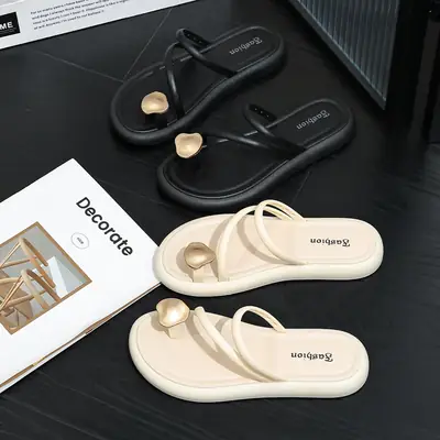 Women's Black & Beige Flat Slippers Summer