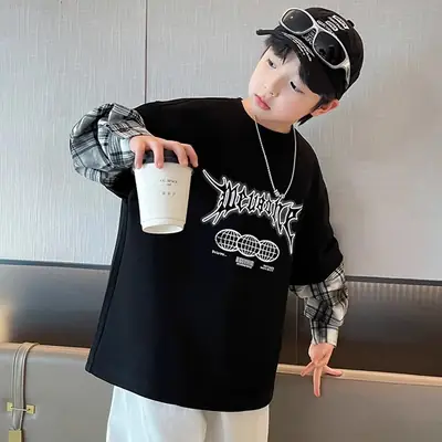 Boys Black Graphic Long Sleeve T-Shirt with Plaid Cap