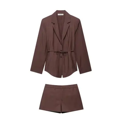 Brown Slim Fit Belted Suit Set for Women