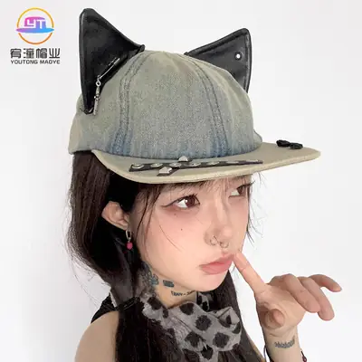 Women Cat Ear Wash Denim Baseball Cap Summer Niche