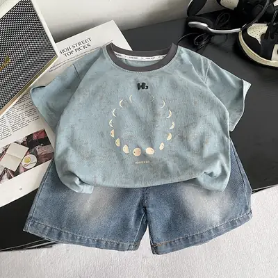 Boys Wash Ink Denim Shorts Short Sleeve Suit