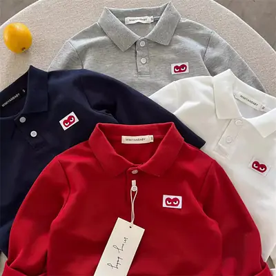 Children's Long Sleeve Polo T-Shirt with Heart Embroidery
