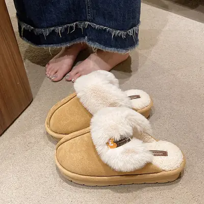 Women Suede Cotton Slippers Autumn Winter Thick Non-Slip