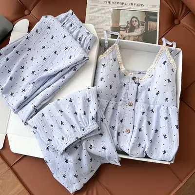 New Style Cloud Cotton Three-Piece Suspender Pajamas for Women, Summer Set with Chest Pads, Sweet and Cute Ladies' Home Wear, Dropshipping