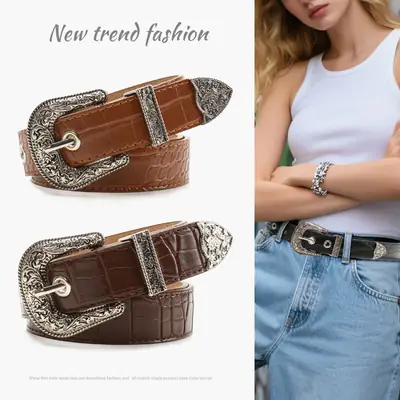 Women's Cross-Border Carved Belt with Stone Buckle Beige