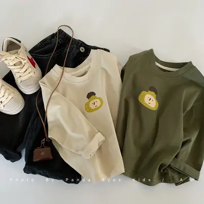 Korean Kids Long Sleeve Cotton T-Shirt Olive Green Cartoon Print