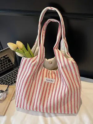 Women's Striped Canvas Shoulder Bag Large Capacity