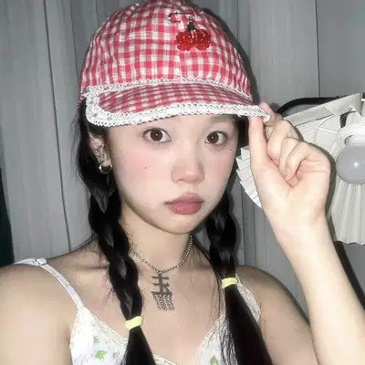 Korean Style Red Plaid Cap for Women with Cat Design