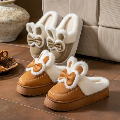 Thick-Soled Cartoon  Cotton Slippers for Women in Autumn and Winter Indoor Home Use Warm Fleece-Lined High-Heeled Postpartum Woolen Slippers