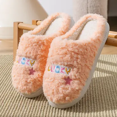 Embroidered Cotton Slippers for Men in Autumn and Winter Indoor Home Thick-Soled Warm Fleece-Lined Couple Confinement Woolen Slippers for Women