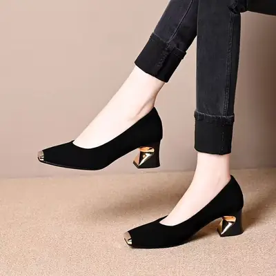 Women French Retro High Heels 2025 Square Toe Medium
