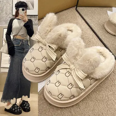 Women Cotton Faux Fur Slippers Winter Warm Indoor Non-Slip