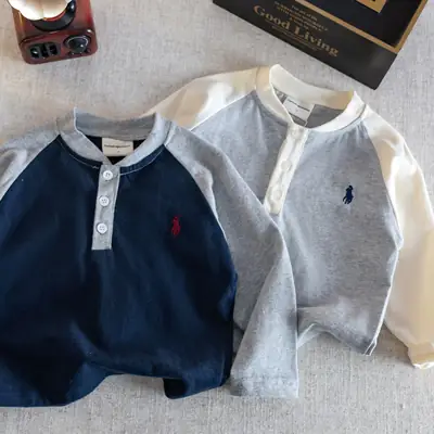 Children's Long Sleeve Polo T-Shirt Navy Blue Grey 2025