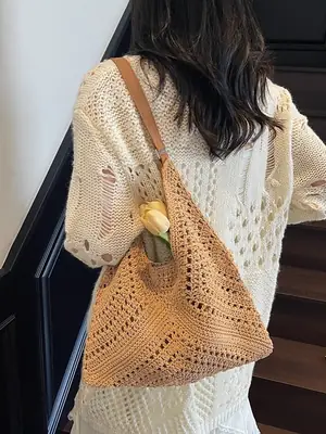 Women's Large Capacity Woven Shoulder Bag Tan 2025
