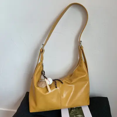Retro Yellow Women's Shoulder Bag with Pom Pom Decor