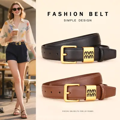 Women Cowhide Leather Belt with Gold Buckle 100cm