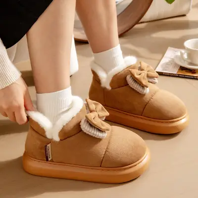 Women Winter Bow Bowled Slippers Brown Velvet Warm