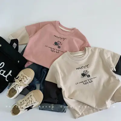 Children Letter Printed Cotton T-Shirt 2025 Autumn Loose Fit
