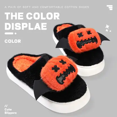 Cotton Halloween Slippers for Women Black Orange