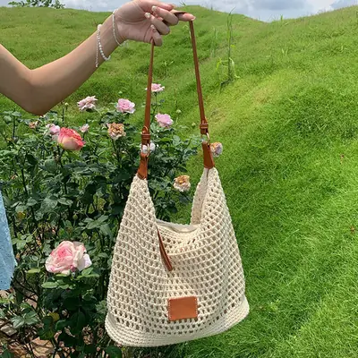 Women Woven Beach Bag with Leather Strap
