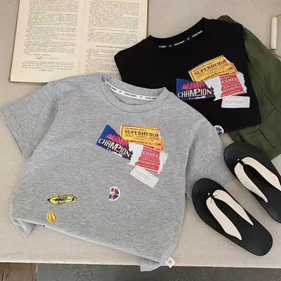 2025 Boys Grey T-Shirt Korean Style Loose Fit