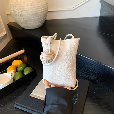 Women's White Knit Shoulder Bag with Drawstring Closure