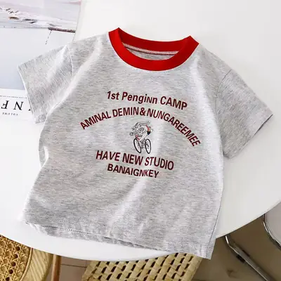 Girls Cartoon T-Shirt Grey Red Short Sleeve