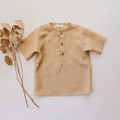 Retro Button Linen T-Shirt for Boys Summer Beige