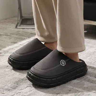 Men's Winter Fleece Lined Slippers Black Anti-Slip