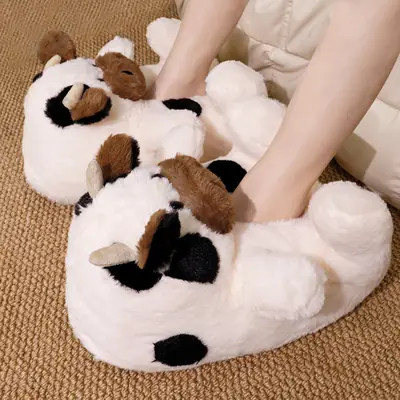 Cartoon Cow Plush Winter Slippers for Men Women